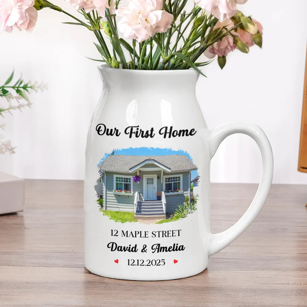 Gift For Couples,Family,Gift For Bestie - Custom Photo Our First Home Housewarming Gifts For Couple Family - Personalized Ceramic Flower Vase