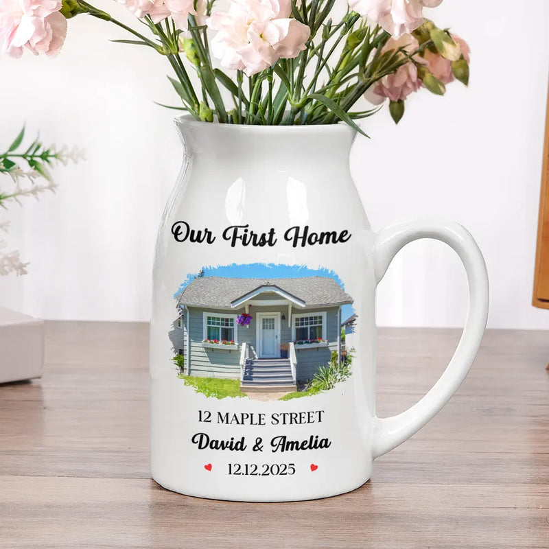 Gift For Couples,Family,Gift For Bestie - Custom Photo Our First Home Housewarming Gifts For Couple Family - Personalized Ceramic Flower Vase