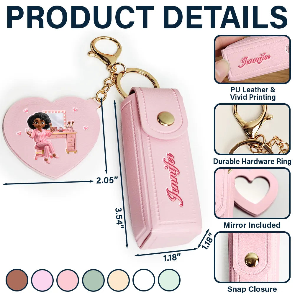 Gift For Women,Gift For Wife,Gift For Girlfriend,Gift For Yourself,Gift For Aunt,Gift For Mother,Gift For Grandma,Gift For Daughter,Gift For Sisters,Gift For Bestie - Makeup Girl With Custom Name - Personalized Leather Lipstick Case Keychain With Mirror