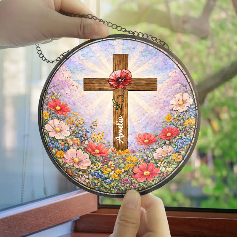 Christian,Gift For Yourself,Gift For Women,Gift For Wife,Gift For Girlfriend,Gift For Aunt,Gift For Mother,Gift For Daughter,Gift For Sisters,Gift For Bestie - Christian Cross And Wildflowers - Personalized Stained Glass Window Hanging Suncatcher