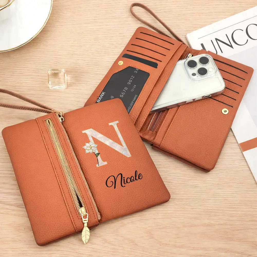 Mom - Daughters (Adult),Mom - Daughters (Young),Mom - Sons,Mom - Children,Gift For Mother,Love - Faux Pearl Effect Birth Month Flower And Name - Personalized Tri-Fold PU Leather Wristlet Wallet