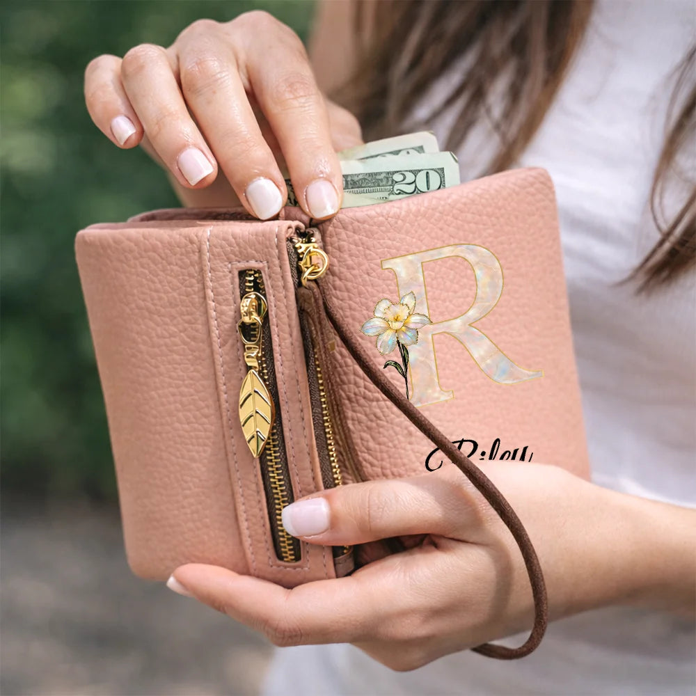 Mom - Daughters (Adult),Mom - Daughters (Young),Mom - Sons,Mom - Children,Gift For Mother,Love - Faux Pearl Effect Birth Month Flower And Name - Personalized Tri-Fold PU Leather Wristlet Wallet