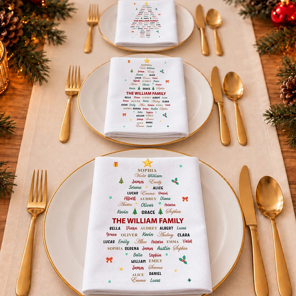 Family Member Name Tree Bell Star Shape Christmas Table Decor - Personalized Reusable Napkin