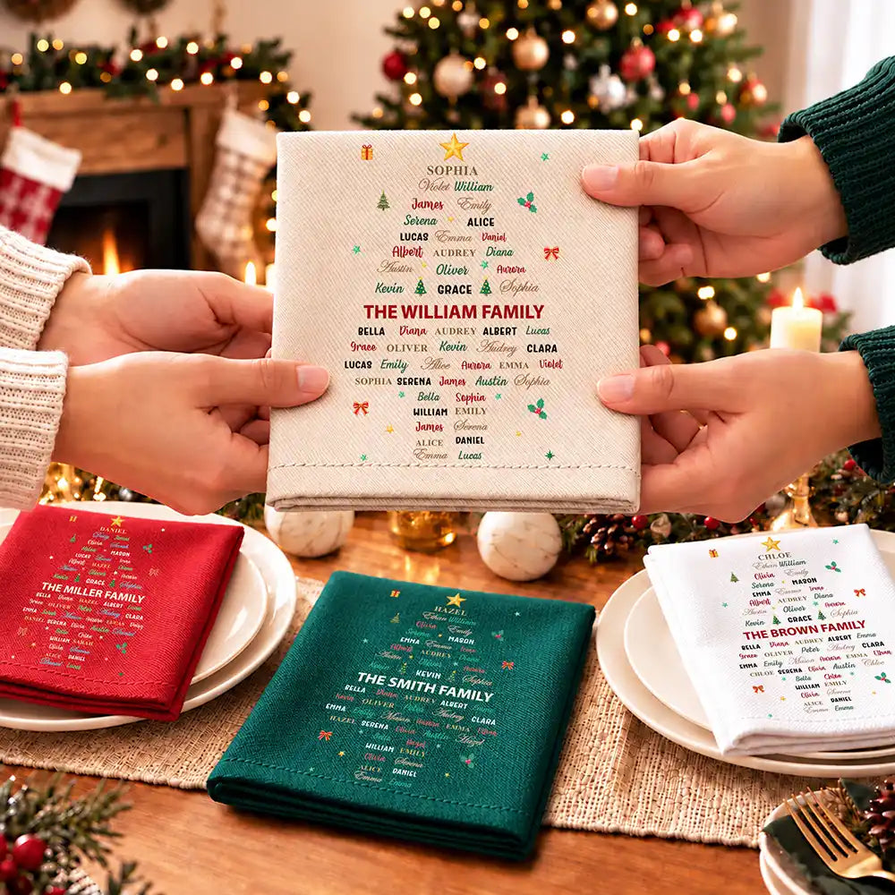 Christmas, Family, Custom Text, Happy - Family Member Name Tree Bell Star Shape Christmas Table Decor - Personalized Reusable Napkin