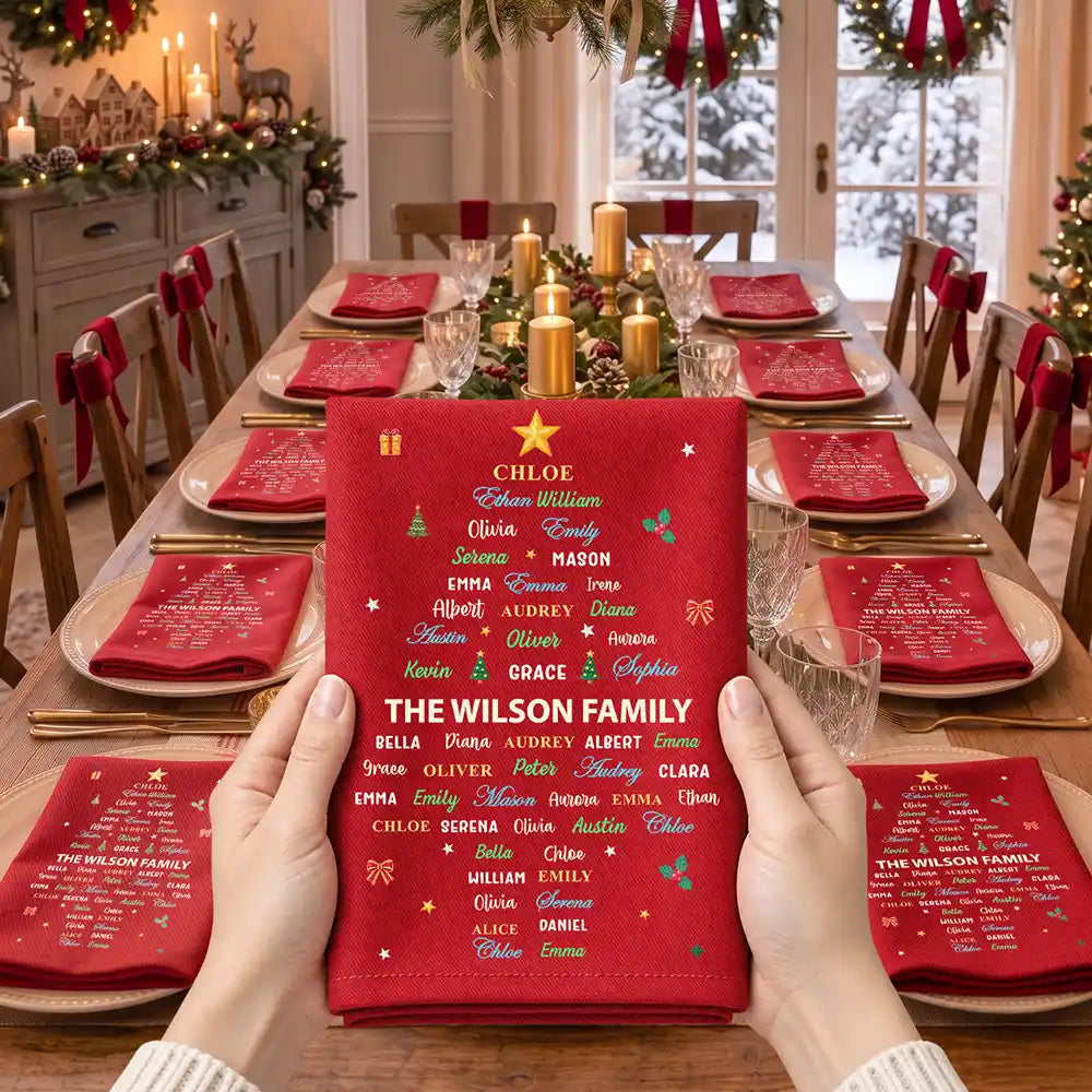 Christmas, Family, Custom Text, Happy - Family Member Name Tree Bell Star Shape Christmas Table Decor - Personalized Reusable Napkin