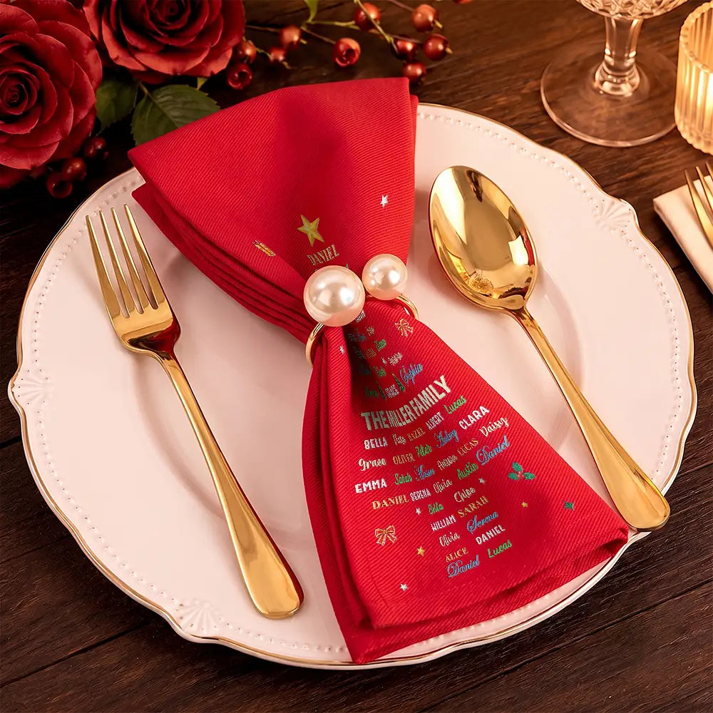 Christmas, Family, Custom Text, Happy - Family Member Name Tree Bell Star Shape Christmas Table Decor - Personalized Reusable Napkin