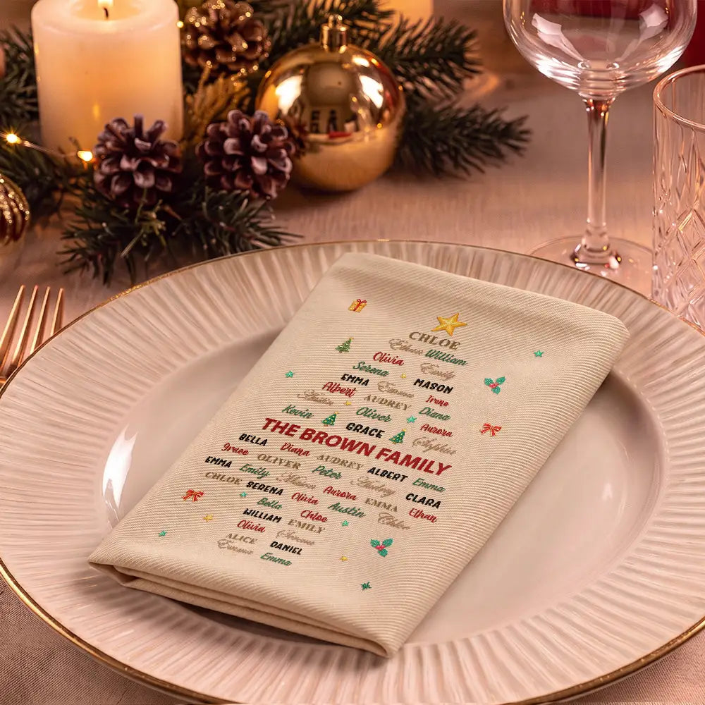 Christmas, Family, Custom Text, Happy - Family Member Name Tree Bell Star Shape Christmas Table Decor - Personalized Reusable Napkin