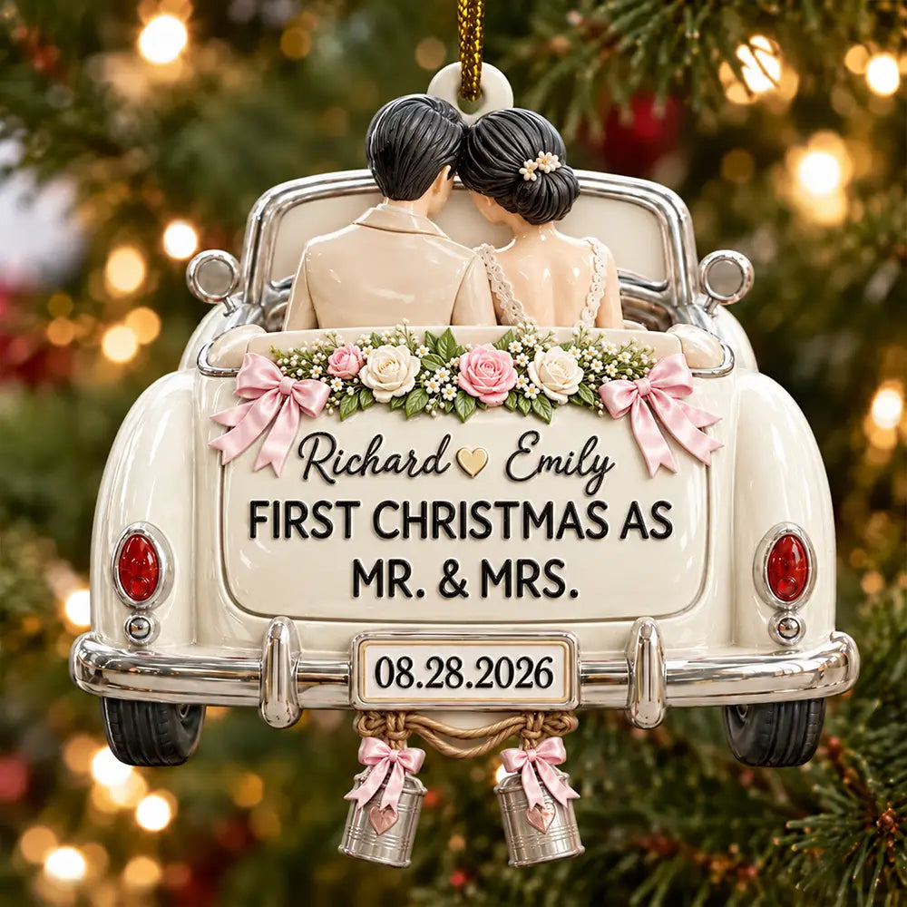 First Christmas Gift For Newlyweds - Personalized Mr And Mrs Names Just Married Car Embossed Ornament