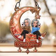 Afro Besties,Christmas,Gift For Bestie,Playful,Vector - Best Friend Keepsake - Personalized Besties Forever Sitting On Moon Window Hanging Suncatcher Ornament