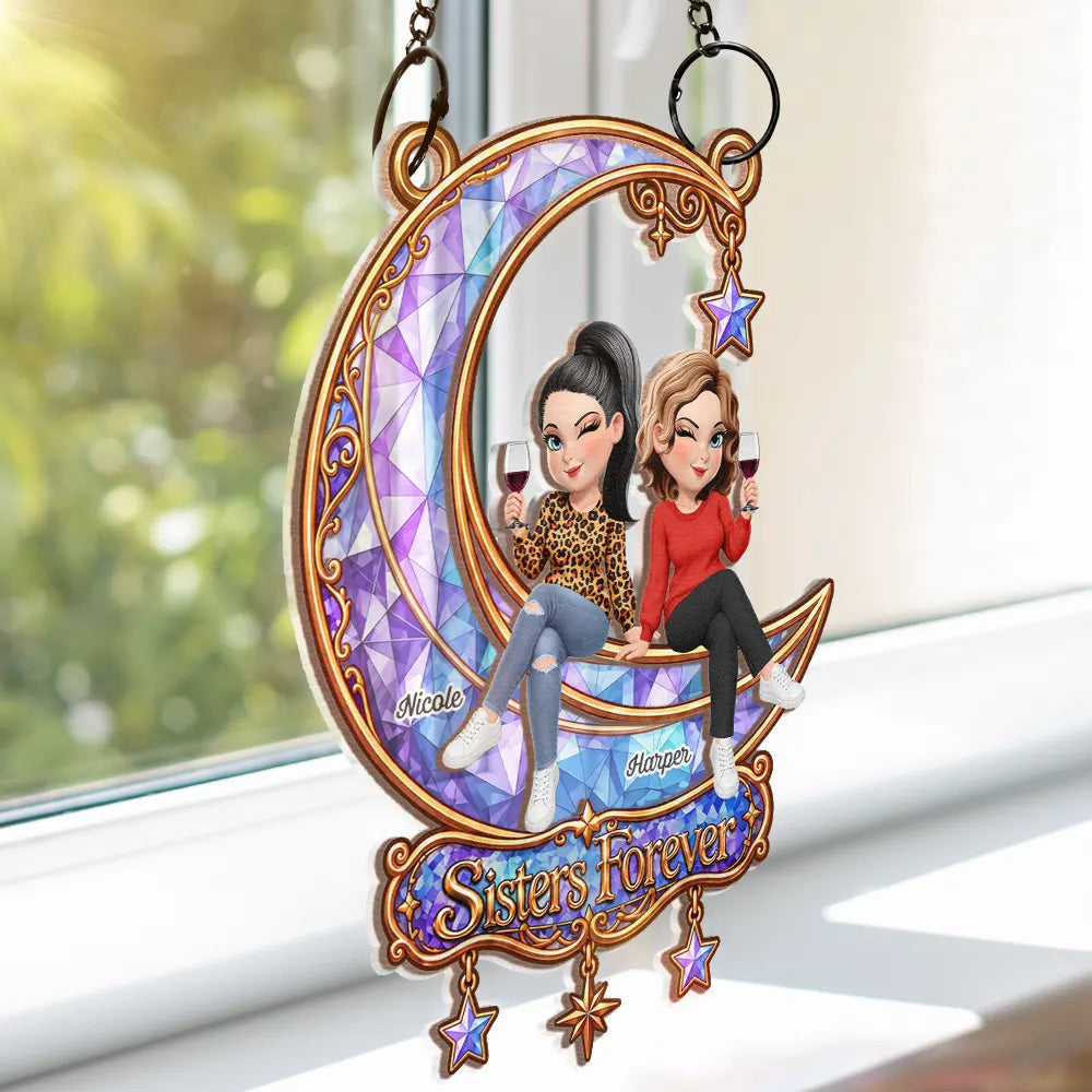 Afro Besties,Christmas,Gift For Bestie,Playful,Vector - Best Friend Keepsake - Personalized Besties Forever Sitting On Moon Window Hanging Suncatcher Ornament