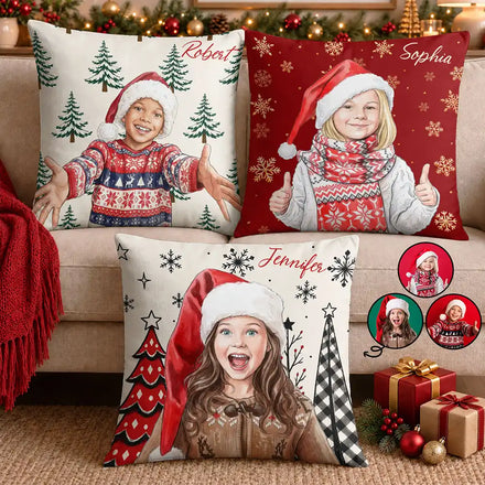 Christmas Gift For Kids - Personalized Custom Photo Watercolor Keepsake Pillow