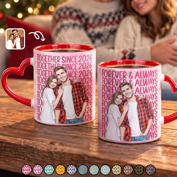 Anniversary,Art Design,Christmas,Custom Photo,Gift For Couples,Old Couples,Photo - Vivid Watercolor Art,Romantic - Anniversary Gift For Couple - Personalized Custom Photo Watercolor Together Since Heart Handle Accent Mug