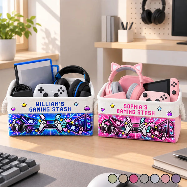 Christmas, Confident, Custom Text, Gaming, Gift For Kids, Top Market - Gift For Gaming Lovers Son Teen Boy - Personalized Name Neon Gaming Basket Storage Basket