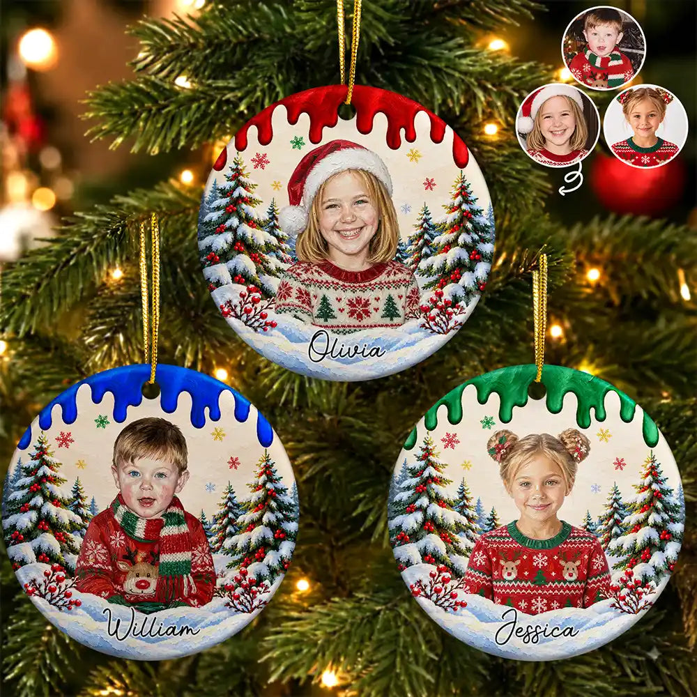 Christmas Gift For Kids Family - Personalized Custom Photo & Name Kid Portrait In Snowy Forest With Paint Drip Circle Ceramic Ornament