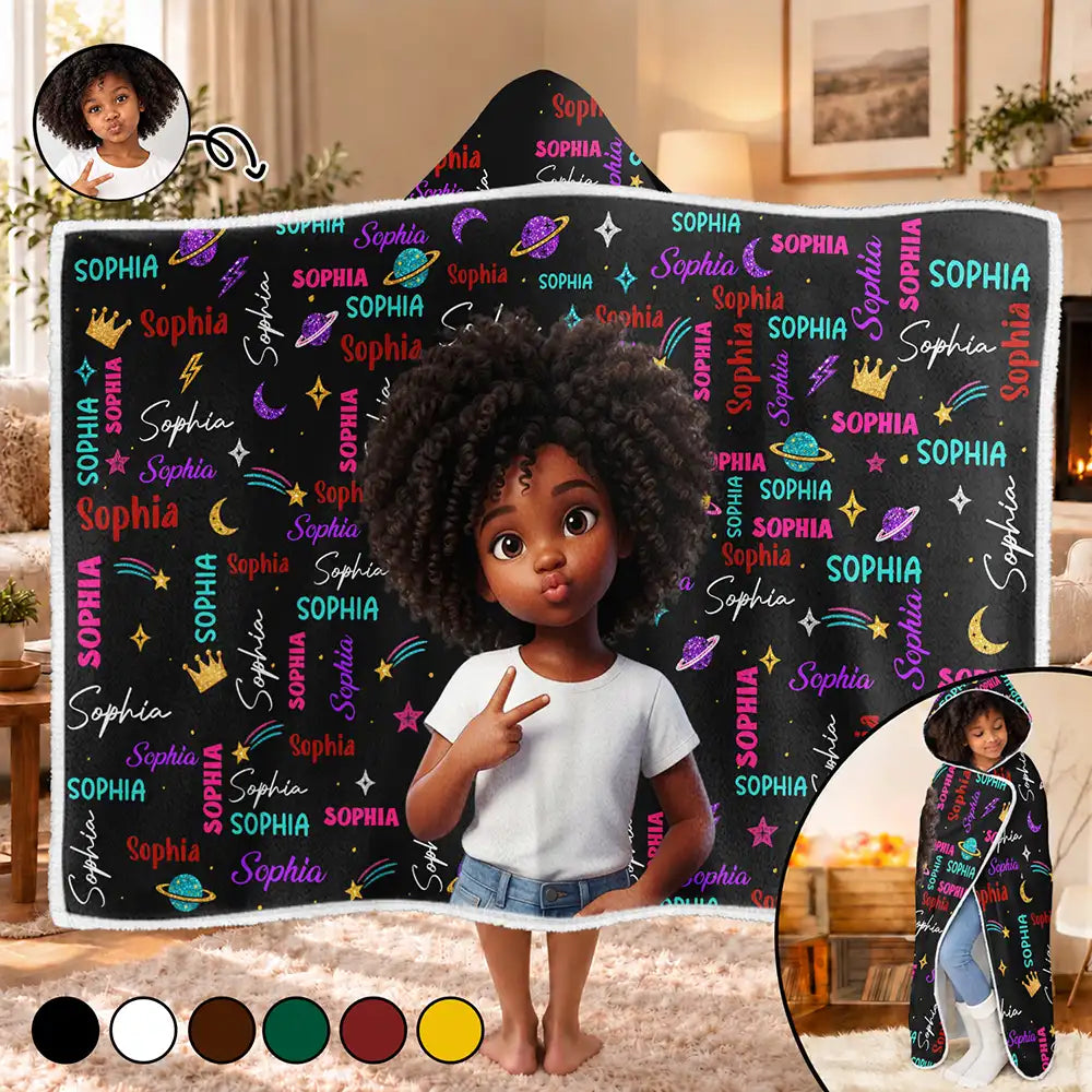 Christmas Gift For Kids - Personalized Custom Photo Name Cute Pattern Wearable Hooded Blanket