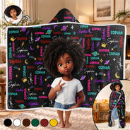 Art Design,Custom Photo,Gift For Kids,Happy,Photo - Cartoon Portrait - Christmas Gift For Kids - Personalized Custom Photo Name Cute Pattern Wearable Hooded Blanket