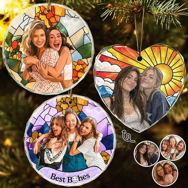 Afro Besties, Art Design, Christmas, Custom Photo, Gift For Bestie, Photo - Stained Glass, Sentimental - Christmas Gift For Besties - Personalized Custom Photo Stained Glass Effect Glass Ornament