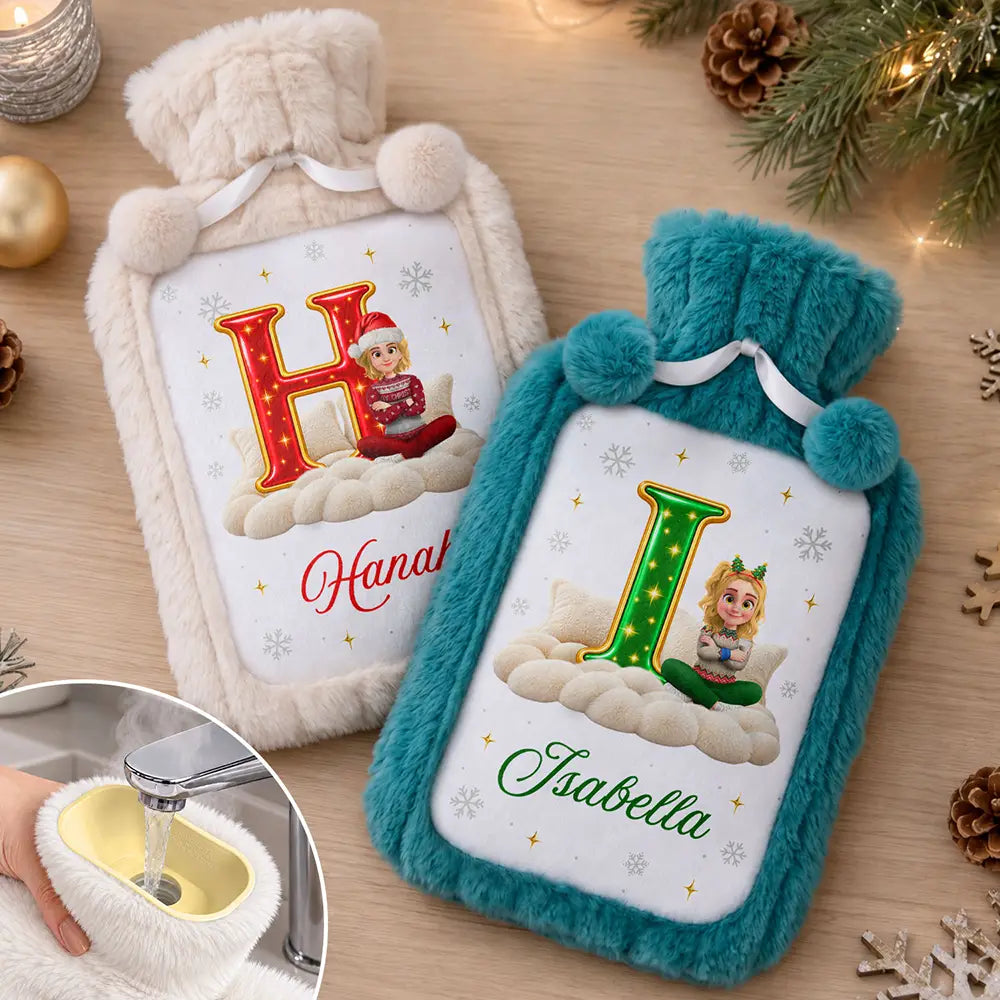 Christmas,Cozy,Gift For Yourself,Gifts For Her,Gifts For Him,Vector - Christmas Birthday Gift For Her - Personalized Initial With Character And Name Hot Water Bottle