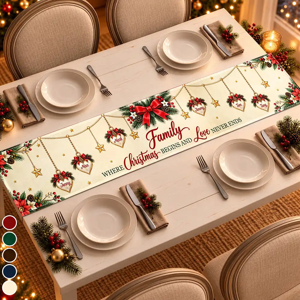 Family Christmas Dinner Decor - Personalized Heart Names Family Where Christmas Begins And Love Never Ends Table Runner