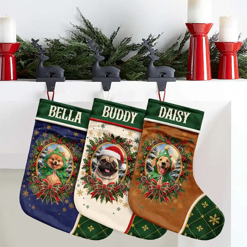 Art Design,Christmas,Custom Photo,Happy,Pet Lovers,Photo - Christmas Accessories 3D Cartoon Pet - Decor Gift For Pet Lovers - Personalized Custom Photo Pet Portrait Christmas Stocking