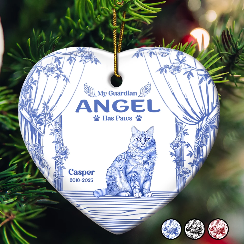 Chinoiserie Toile Cat Sitting On The Windowsill - Personalized Heart Ceramic Ornament
