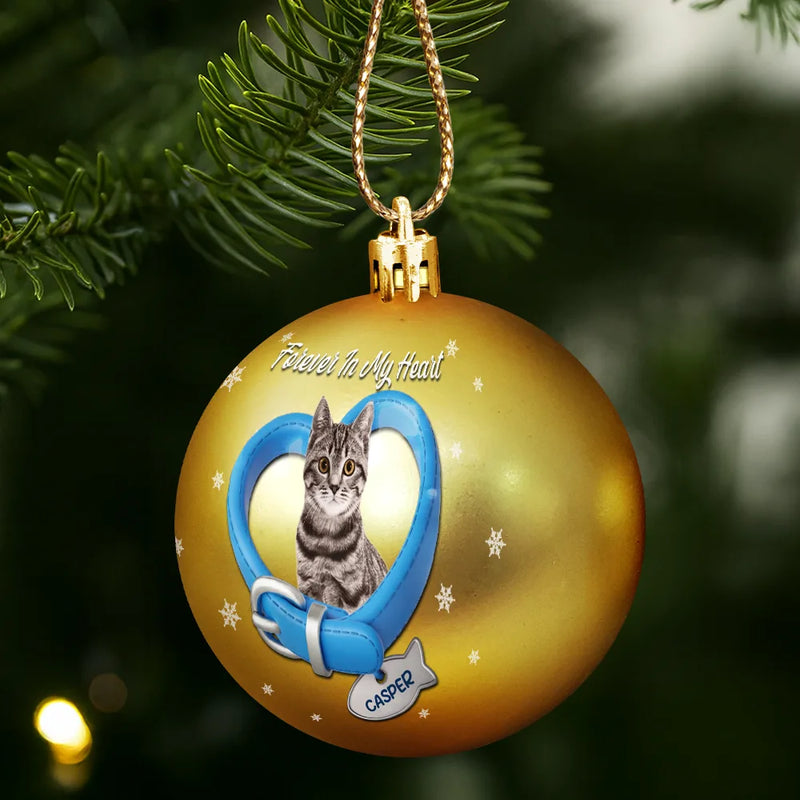 Christmas,Sad,Memorial,Cat Lovers - Custom Photo Heart-Shaped Collar With Fish Charm For Cat Lovers - Personalized Ball Ornament