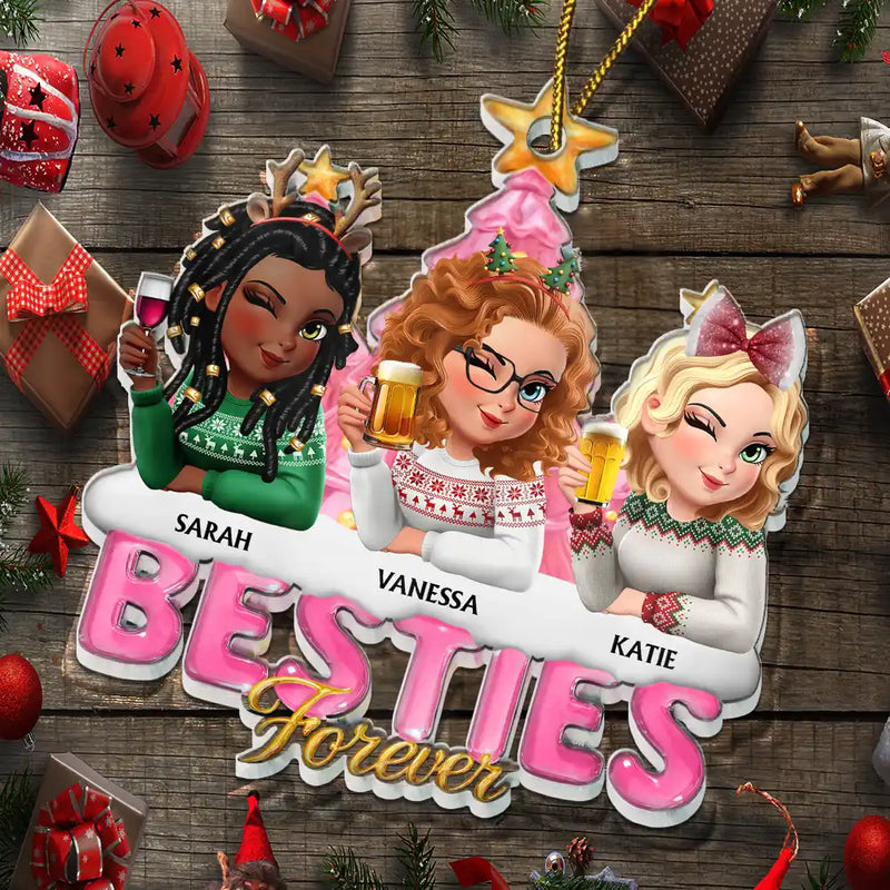 Christmas,Gift For Bestie,Non-Eng,Gift For Sisters - Besties Sisters Forever Christmas Tree Sea Glass Effect - Personalized Custom Shaped Acrylic Ornament