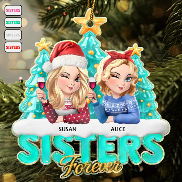 Christmas,Gift For Bestie,Non-Eng,Gift For Sisters - Besties Sisters Forever Christmas Tree Sea Glass Effect - Personalized Custom Shaped Acrylic Ornament