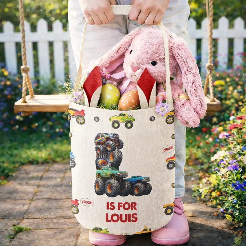 Gift For Kids,Grandpa,Grandkids,Grandma,Gift For Grandkids,Easter - Kid Monster Truck Toy Container Monogram Initial - Personalized Bunny Ears Bucket Bag