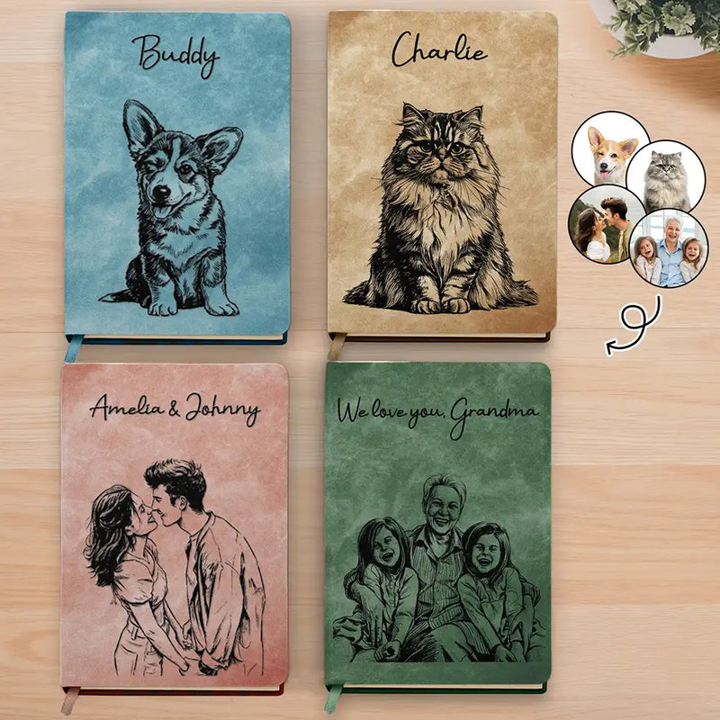 Family,Gift For Bestie,Dog Lovers,Cat Lovers,Happy,Custom Photo,Gift For Mother,Gift For Father - Custom Photo Pencil Sketch Family Besties Dog Cat Portrait - Personalized Leather Journal