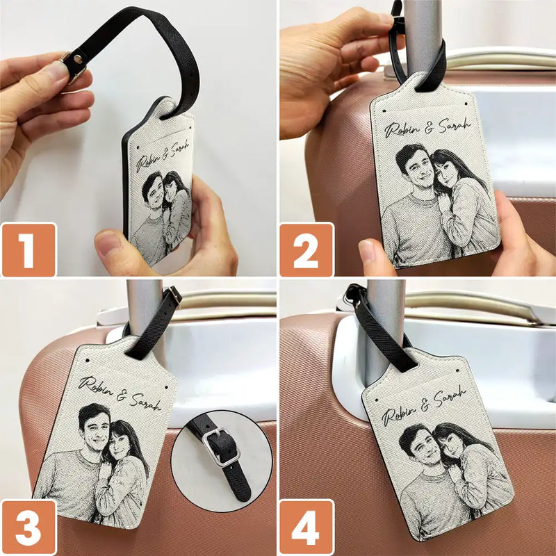 Family, Gift For Bestie, Dog Lovers, Cat Lovers, Happy, Custom Photo, Gift For Mother, Gift For Father - Custom Photo Pencil Sketch Family Besties Dog Cat Portrait - Personalized Luggage Tag