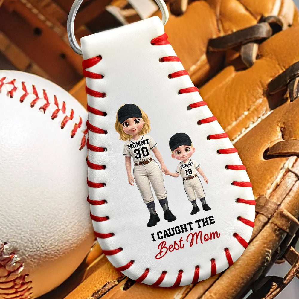 Baseball,Gift For Mother,Sport Dad,Sport Mom,Gift For Father,Happy,Vector - I Caught The Best Mom Best Dad Baseball - Personalized Leather Baseball Keychain
