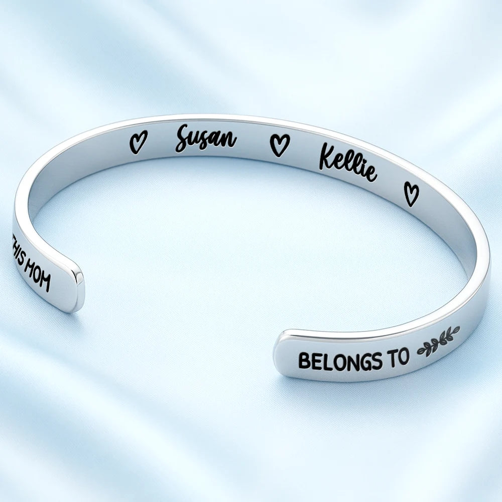 Gift For Mother,Gift For Grandma,Happy,Icon - Multiple Kid Names This Mom Grandma Belongs To - Personalized Bangle Bracelet Cuff