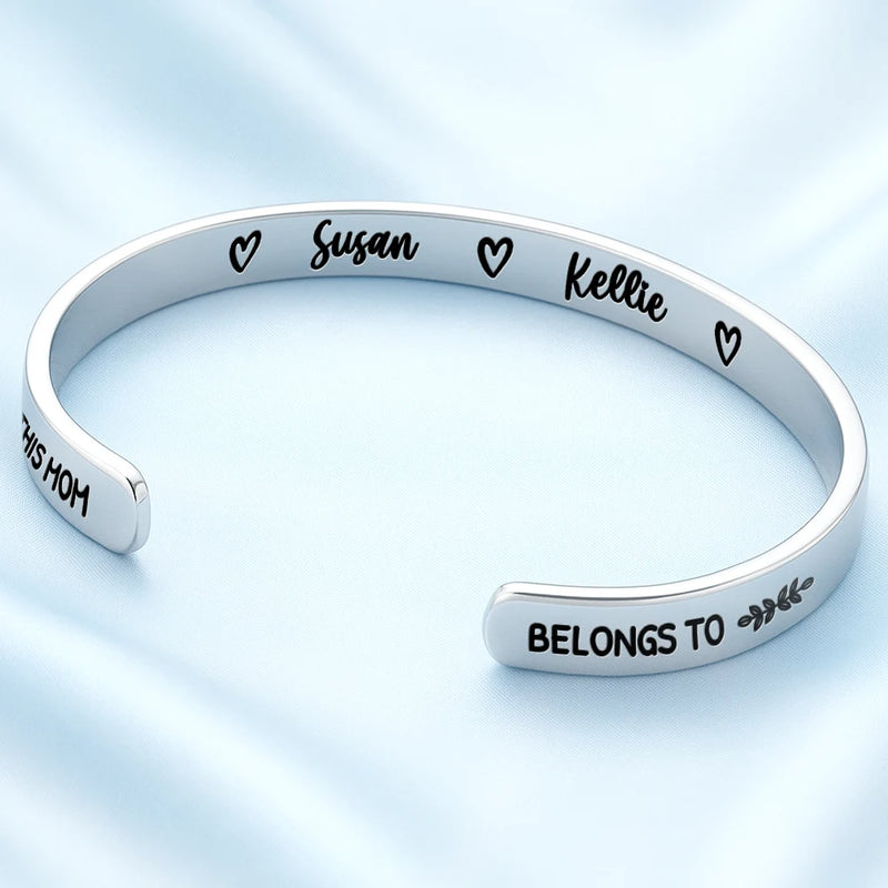 Gift For Mother,Gift For Grandma,Happy,Icon - Multiple Kid Names This Mom Grandma Belongs To - Personalized Bangle Bracelet Cuff