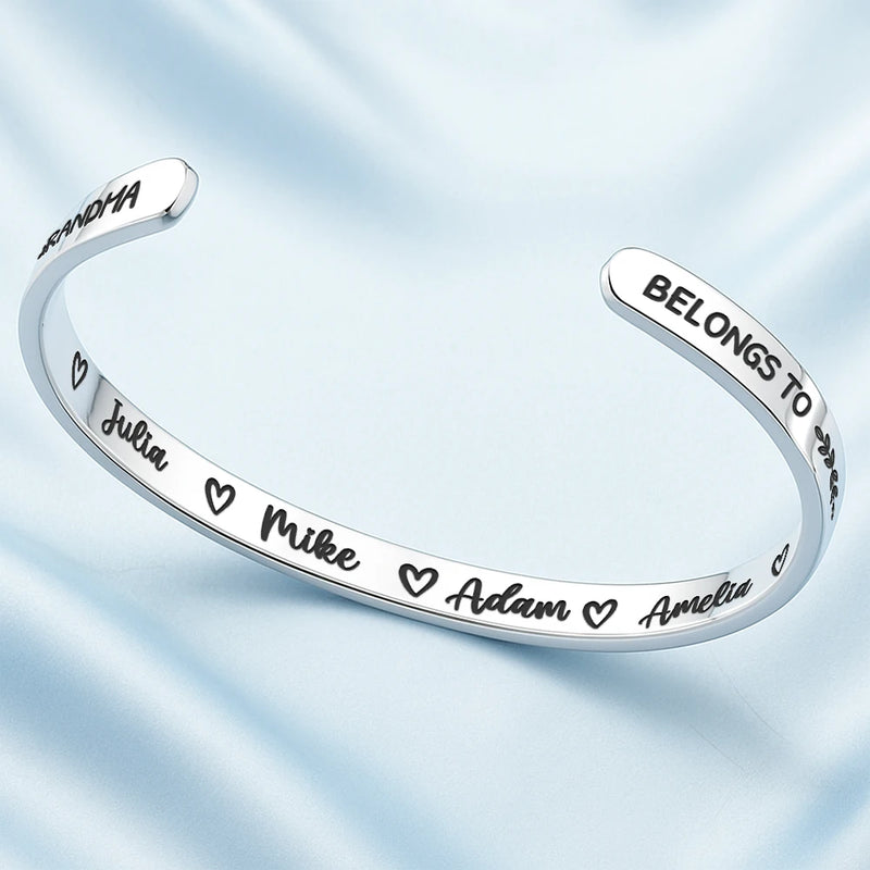 Gift For Mother,Gift For Grandma,Happy,Icon - Multiple Kid Names This Mom Grandma Belongs To - Personalized Bangle Bracelet Cuff