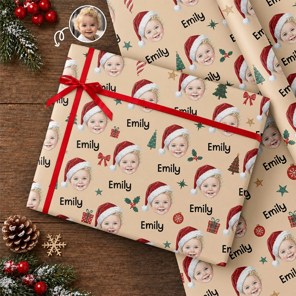Art Design,Christmas,Custom Photo,Gift For Kids,Happy,Photo - Cut Face Santa Hat,Top Market - Christmas Gift For Kids - Personalized Face With Santa Hat Wrapping Paper