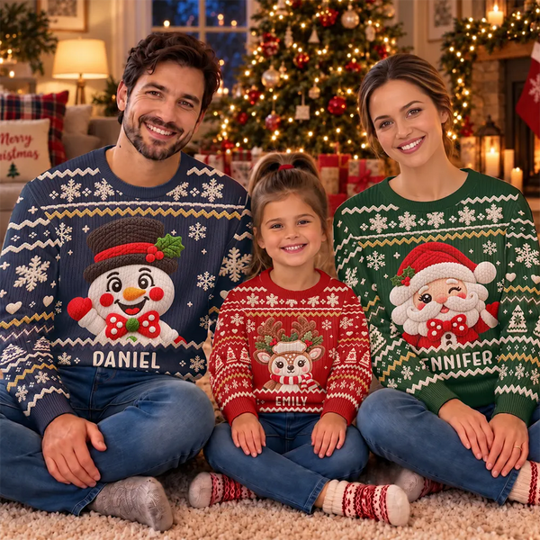 Christmas,Cozy,Family,Icon - Christmas Gift For Family - Personalized Faux Chenille Effect Santa Snowman Reindeer Unisex Ugly Sweater