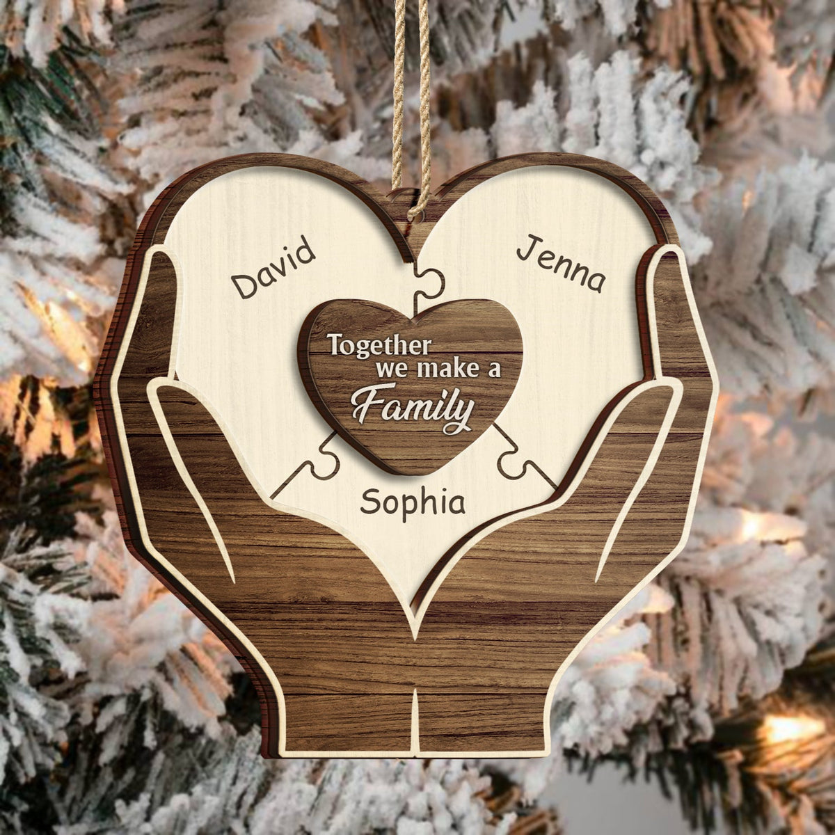 Christmas Hands Puzzle Together We Make A Family - Gift For Family - Personalized 2-Layered Wooden Ornament