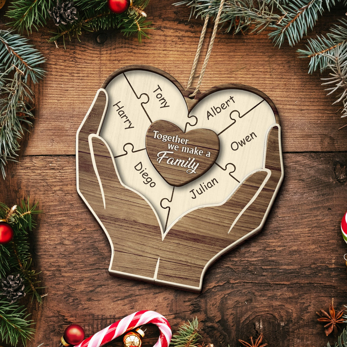 Christmas Hands Puzzle Together We Make A Family - Gift For Family - Personalized 2-Layered Wooden Ornament