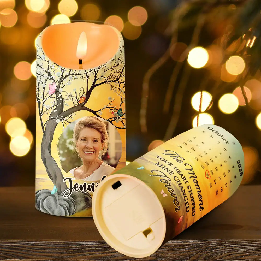 Memorial,Gift For Women,Gift For Men,Family,Sad,Top Market,Custom Photo - Custom Photo Calendar Memorial The Moment Your Heart Stopped - Personalized Flameless LED Candle