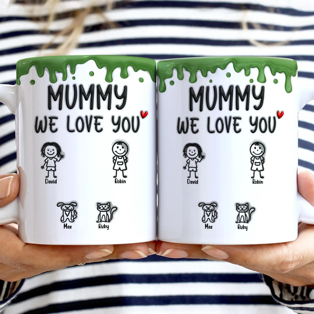 Gift For Mother,Funny,Mom,Children - Mom We Love You 3D Inflated Effect Stick Figure - Personalized White Edge-to-Edge Mug