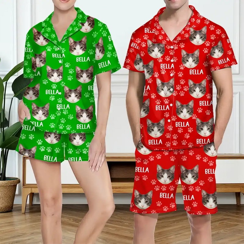Custom Photo Funny Pet Face Pattern Dog Cat Family - Personalized Short Pajamas Set