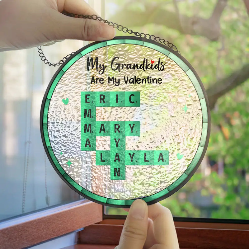 Gift For Grandma, Grandma - Grandkids, Happy - Crossword Grandkids Make Life More Grand - Personalized Stained Glass Window Hanging Suncatcher