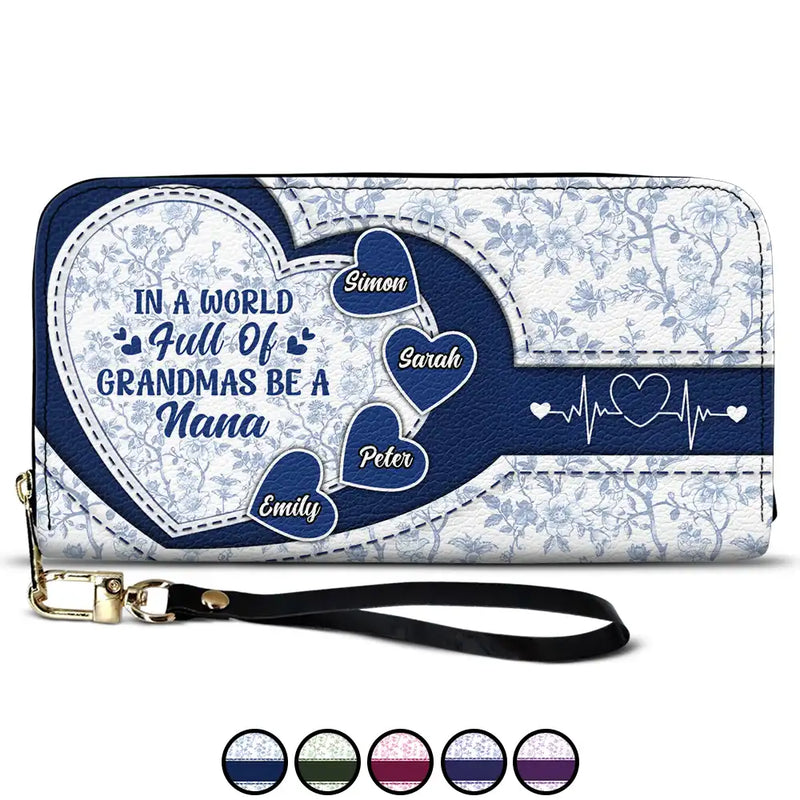 Gift For Grandma, Grandma - Grandkids, Happy - In The World Full Of Grandmas Toile De Jouy Heart Icon - Personalized Leather Long Wallet