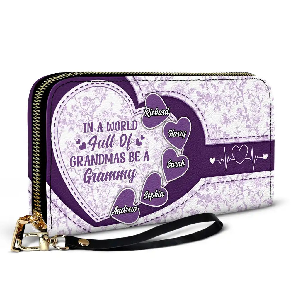 Gift For Grandma, Grandma - Grandkids, Happy - In The World Full Of Grandmas Toile De Jouy Heart Icon - Personalized Leather Long Wallet