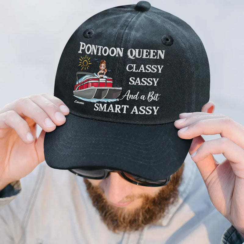 Pontoon,Gift For Yourself,Gift For Women,Funny - Pontoon Queen Classy Sassy - Personalized Vintage Washed Denim Cap