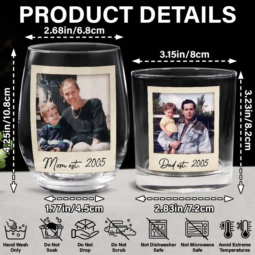 Custom Photo,Gift For Mother,Gift For Father,Happy - Custom Photo Mom Dad EST - Personalized Combo Wine & Whiskey Glass