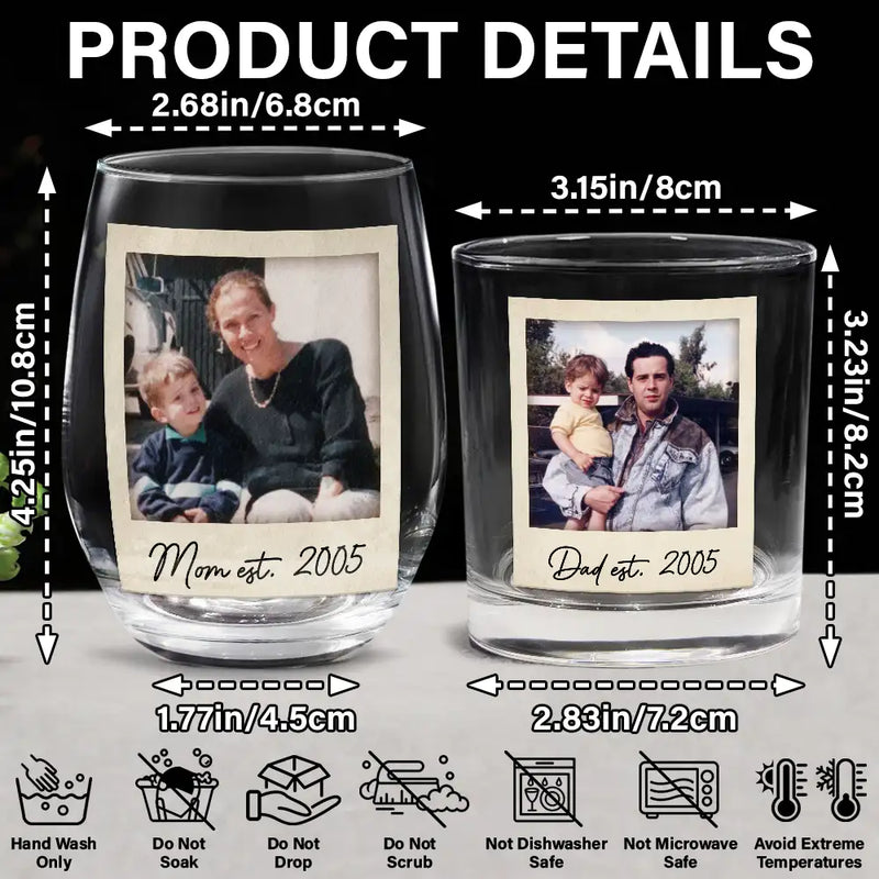 Custom Photo,Gift For Mother,Gift For Father,Happy - Custom Photo Mom Dad EST - Personalized Combo Wine & Whiskey Glass