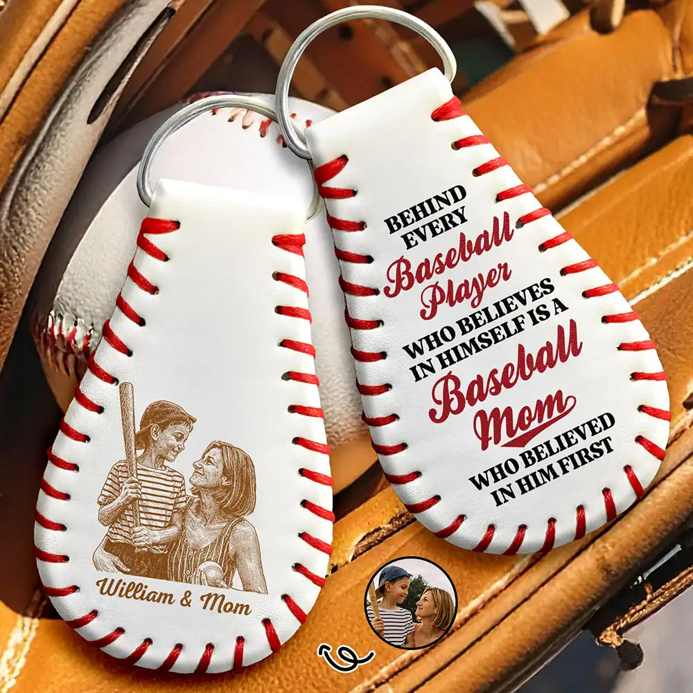 Custom Photo Pencil Sketch Behind Every Baseball Player - Personalized Leather Baseball Keychain