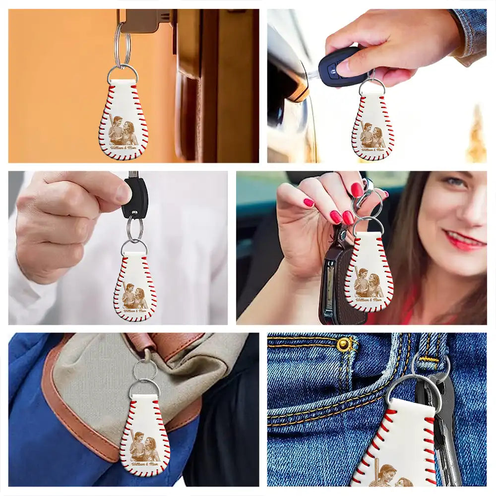 Baseball, Sport Mom, Gift For Mother, Happy - Custom Photo Pencil Sketch Behind Every Baseball Player - Personalized Leather Baseball Keychain